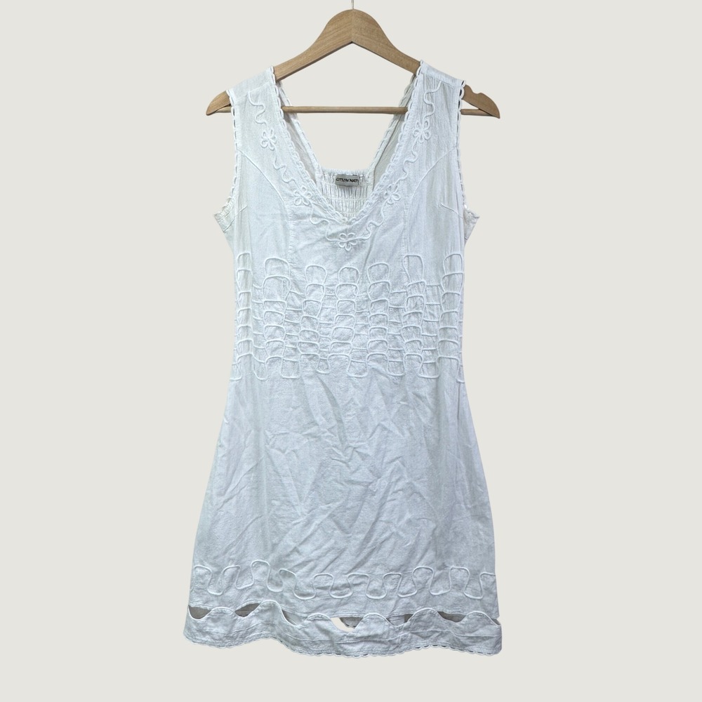 Cotton Natural Dress Womens M White Boho Embroidered Cotton Sleeveless Mini Peru